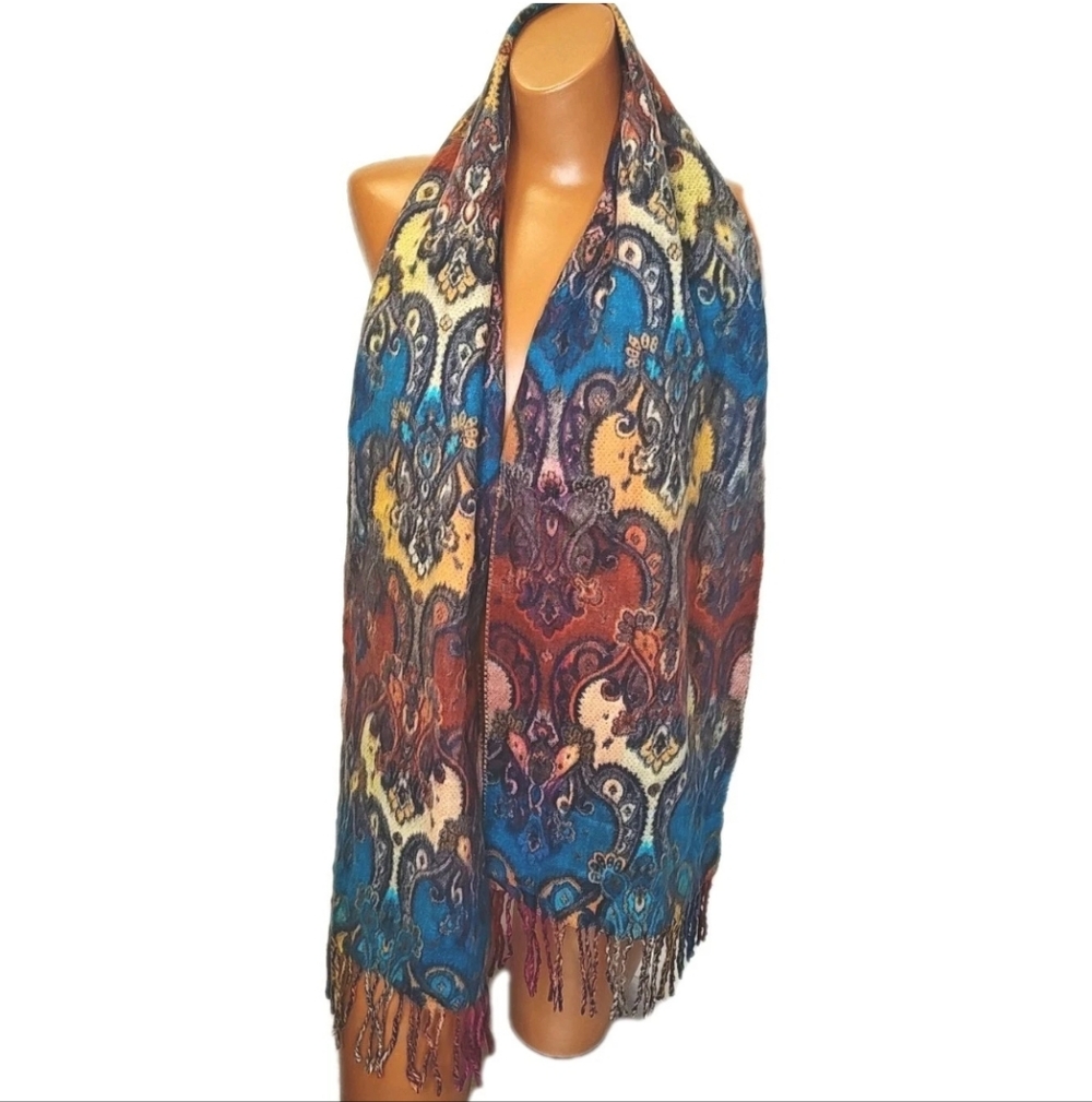 Vtg Germany Fraas Feel Cashmink Fringed Scarf Colorful Pailsey Acrylic Knit Boho